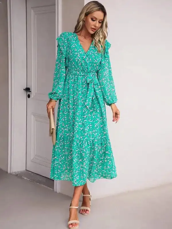 Women’s Fashion Casual Floral V-neck Long Sleeve Dress
