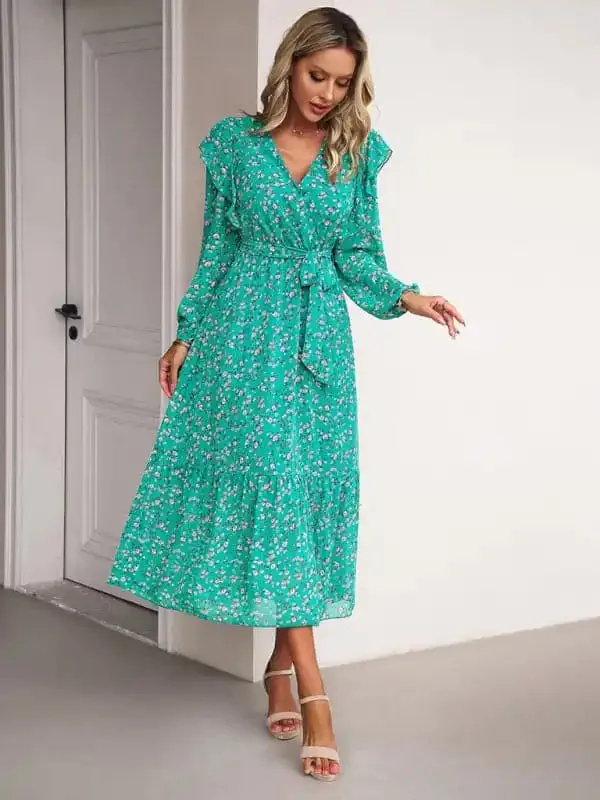 Women’s Fashion Casual Floral V-neck Long Sleeve Dress