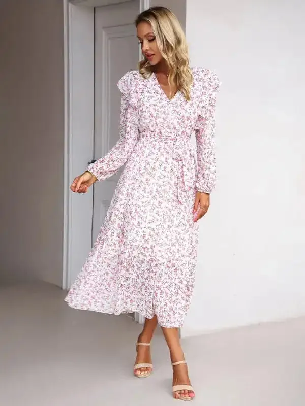 Women’s Fashion Casual Floral V-neck Long Sleeve Dress