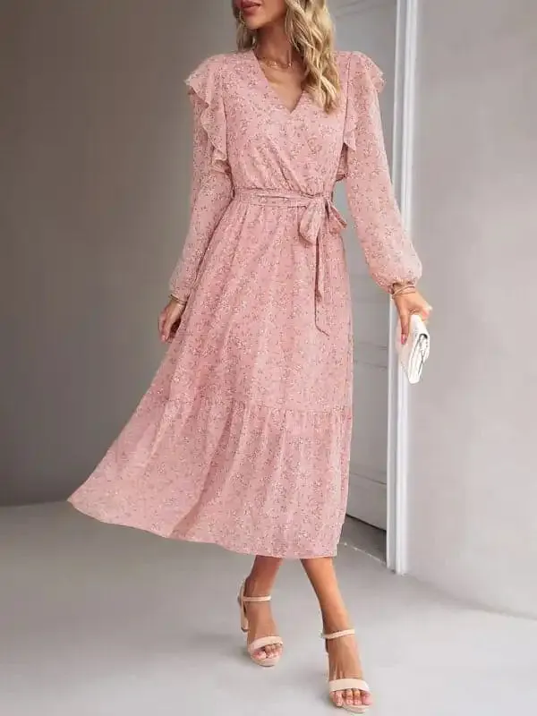 Women’s Fashion Casual Floral V-neck Long Sleeve Dress