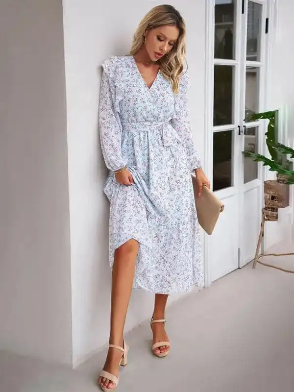 Women’s Fashion Casual Floral V-neck Long Sleeve Dress