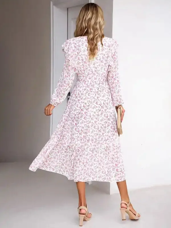 Women’s Fashion Casual Floral V-neck Long Sleeve Dress