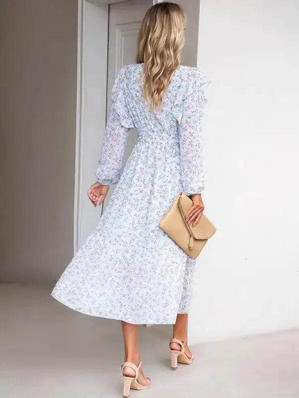 Women’s Fashion Casual Floral V-neck Long Sleeve Dress