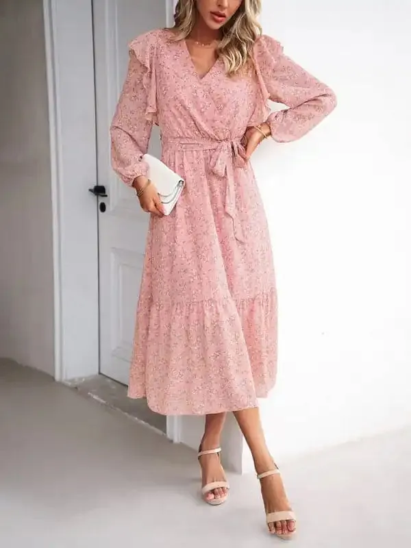 Women’s Fashion Casual Floral V-neck Long Sleeve Dress