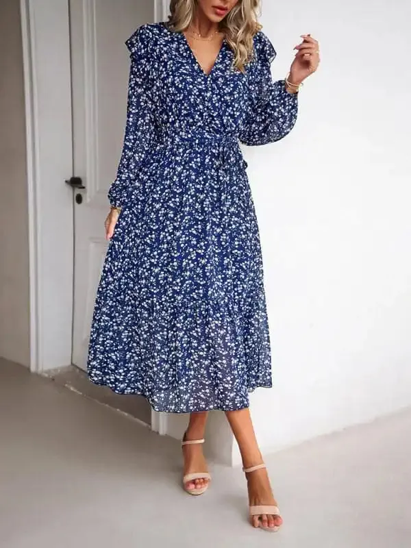 Women’s Fashion Casual Floral V-neck Long Sleeve Dress