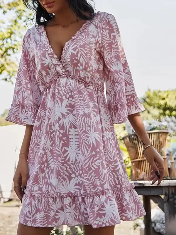 Women’s Floral Print Ruffle Trim Mini Dress