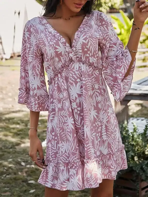 Women’s Floral Print Ruffle Trim Mini Dress