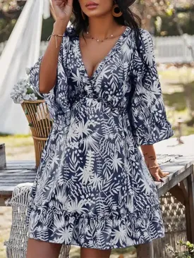 Women’s Floral Print Ruffle Trim Mini Dress