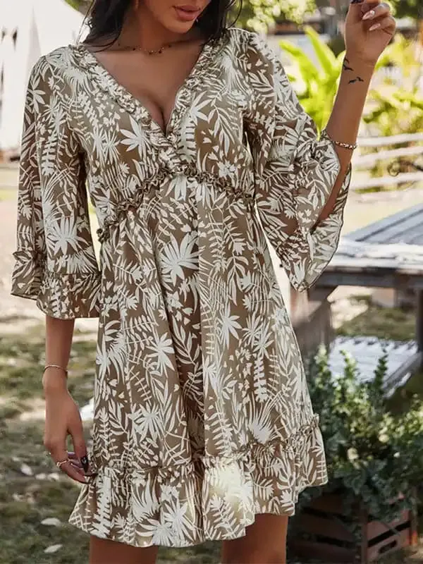 Women’s Floral Print Ruffle Trim Mini Dress
