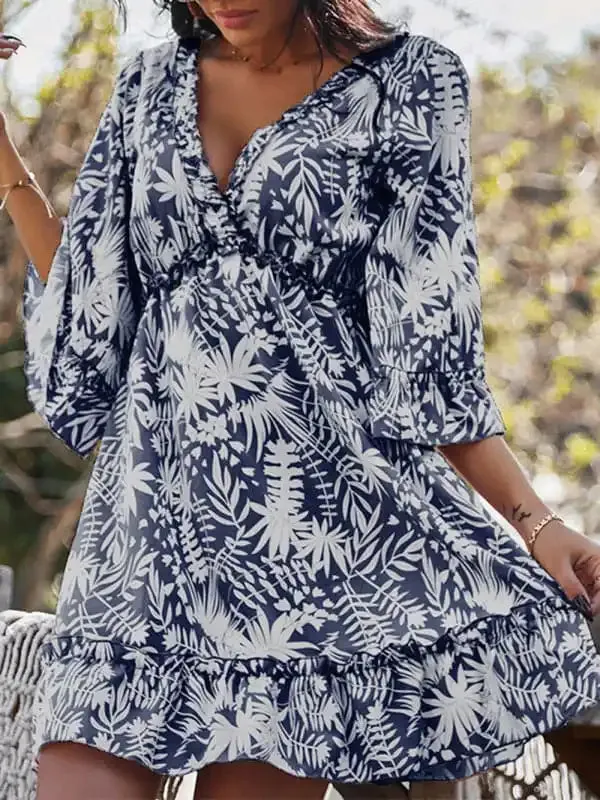 Women’s Floral Print Ruffle Trim Mini Dress