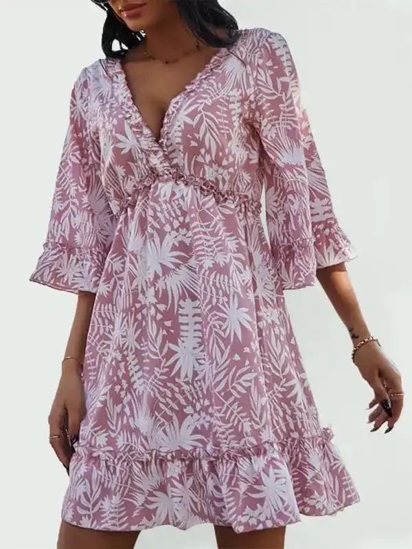Women’s Floral Print Ruffle Trim Mini Dress