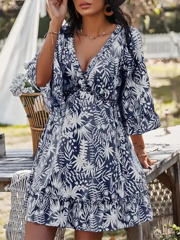 Women’s Floral Print Ruffle Trim Mini Dress