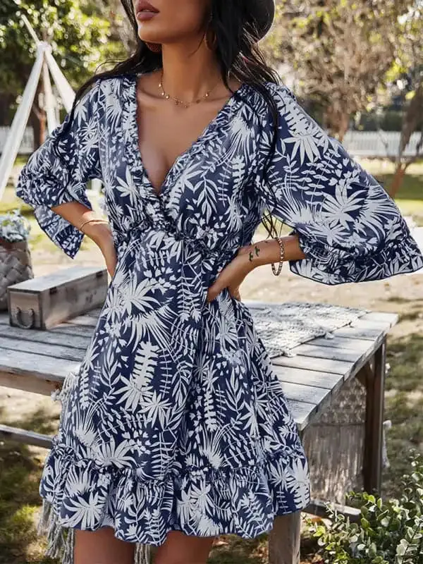 Women’s Floral Print Ruffle Trim Mini Dress