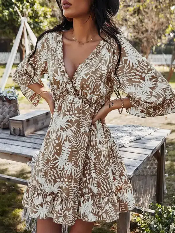 Women’s Floral Print Ruffle Trim Mini Dress