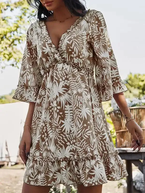 Women’s Floral Print Ruffle Trim Mini Dress