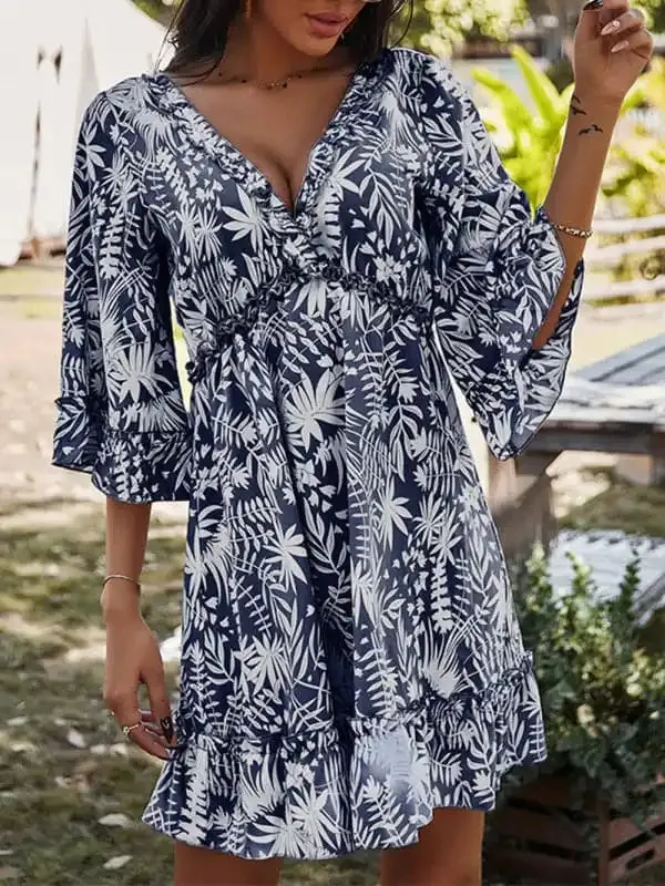 Women’s Floral Print Ruffle Trim Mini Dress