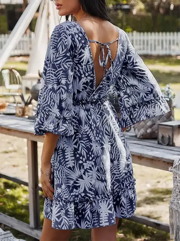 Women’s Floral Print Ruffle Trim Mini Dress