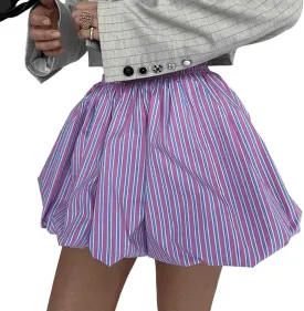 Women's French Balloon Skirt Striped Pleated Short Skirt Mini Fluffy high Waisted Skirt