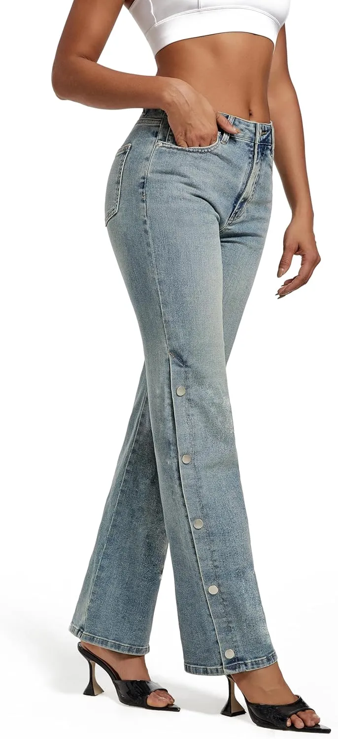 Womens Jeans Hig Waisted Straight Leg Loose Stretchy Tummy Control Trendy Side Slit Jeans for Women 2025
