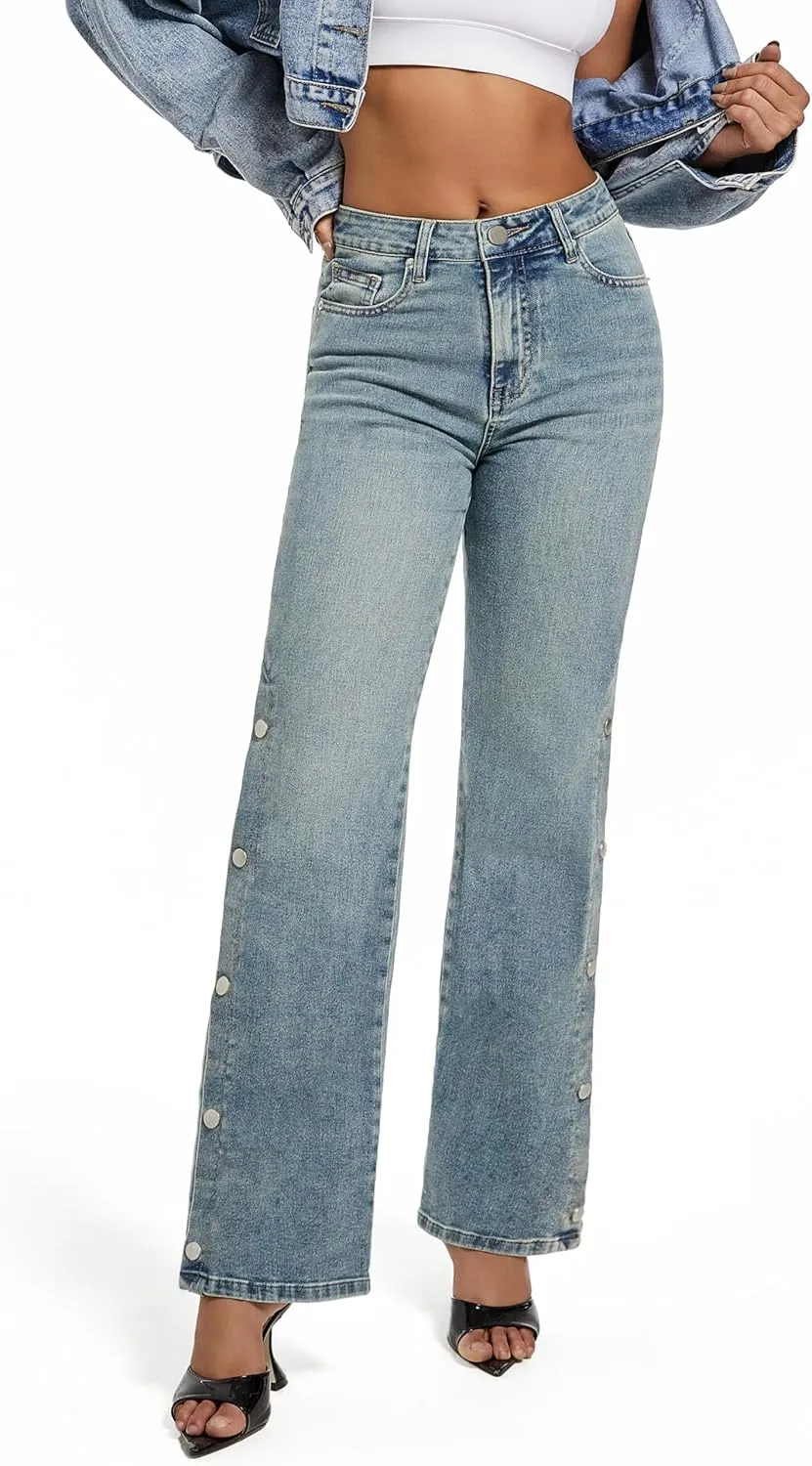 Womens Jeans Hig Waisted Straight Leg Loose Stretchy Tummy Control Trendy Side Slit Jeans for Women 2025