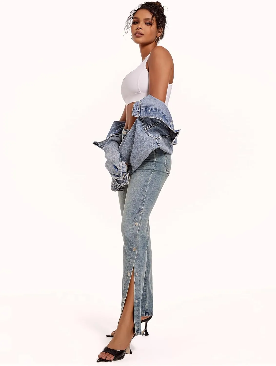 Womens Jeans Hig Waisted Straight Leg Loose Stretchy Tummy Control Trendy Side Slit Jeans for Women 2025