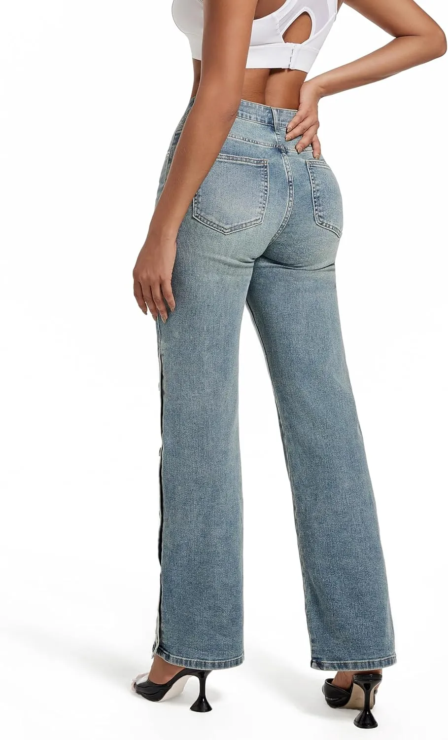 Womens Jeans Hig Waisted Straight Leg Loose Stretchy Tummy Control Trendy Side Slit Jeans for Women 2025