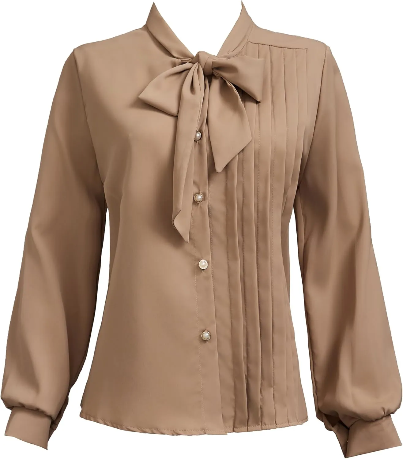 Women's Long Sleeve Chiffon Work Tops Bowtie Blouses Button Down Shirts White OL Shirts
