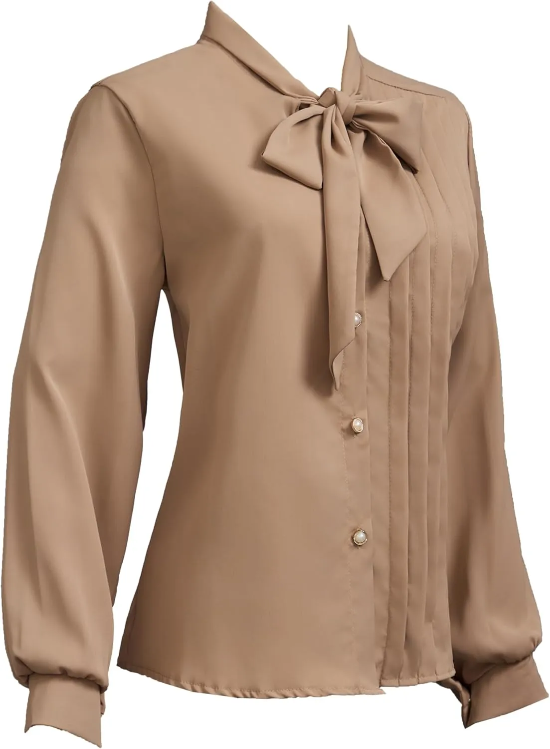 Women's Long Sleeve Chiffon Work Tops Bowtie Blouses Button Down Shirts White OL Shirts