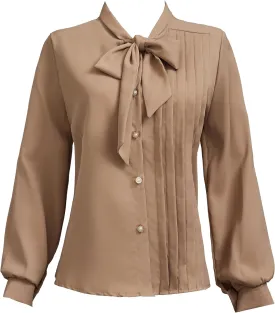 Women's Long Sleeve Chiffon Work Tops Bowtie Blouses Button Down Shirts White OL Shirts