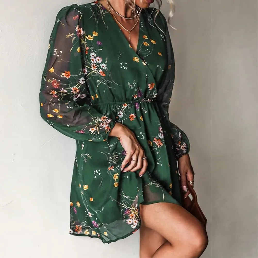 Women's V Neck Long Sleeve Floral Mini Dress A-line Chiffon Cocktail Party Wedding Guest Spring Fall Dresses