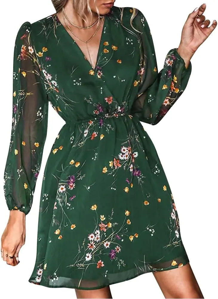 Women's V Neck Long Sleeve Floral Mini Dress A-line Chiffon Cocktail Party Wedding Guest Spring Fall Dresses