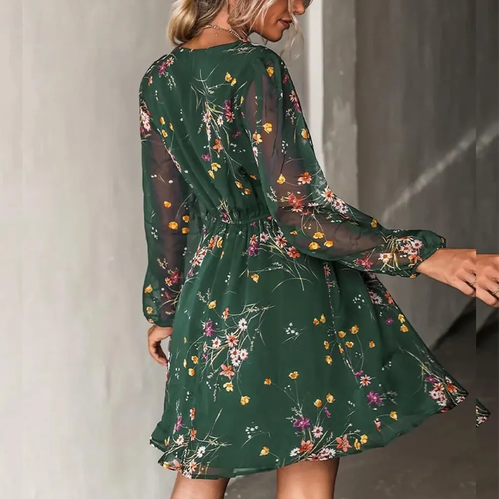 Women's V Neck Long Sleeve Floral Mini Dress A-line Chiffon Cocktail Party Wedding Guest Spring Fall Dresses