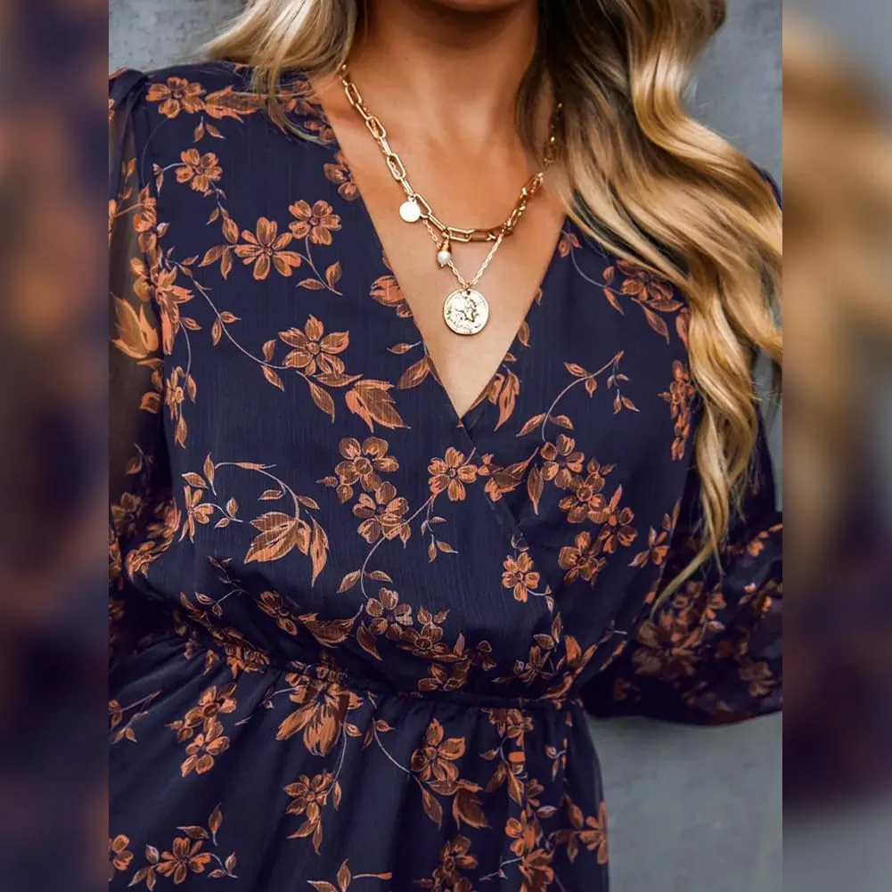 Women's V Neck Long Sleeve Floral Mini Dress A-line Chiffon Cocktail Party Wedding Guest Spring Fall Dresses