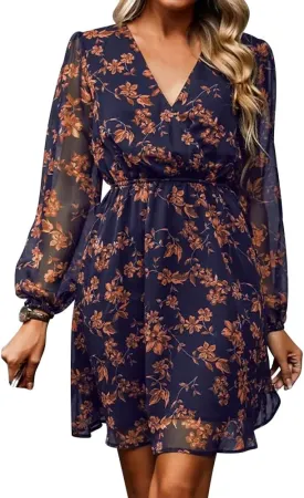 Women's V Neck Long Sleeve Floral Mini Dress A-line Chiffon Cocktail Party Wedding Guest Spring Fall Dresses