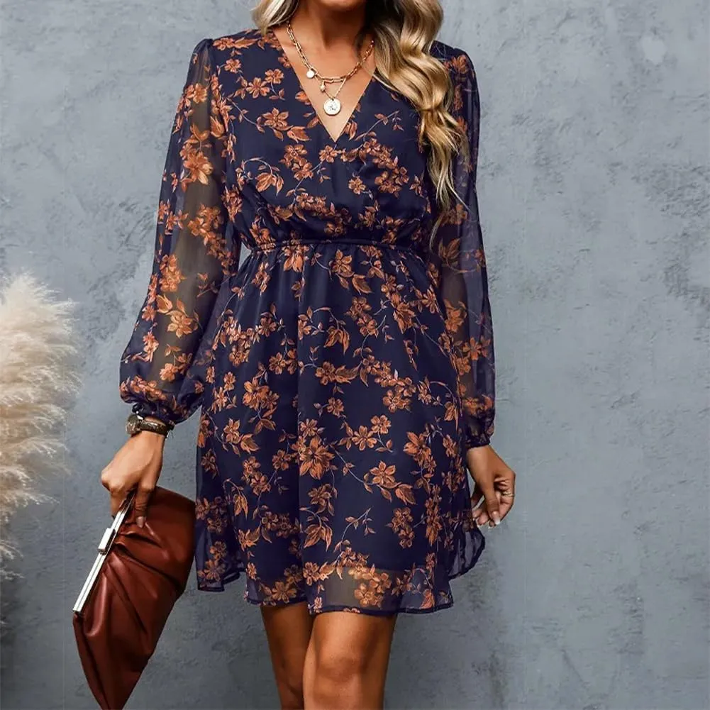 Women's V Neck Long Sleeve Floral Mini Dress A-line Chiffon Cocktail Party Wedding Guest Spring Fall Dresses