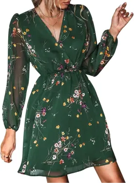 Women's V Neck Long Sleeve Floral Mini Dress A-line Chiffon Cocktail Party Wedding Guest Spring Fall Dresses
