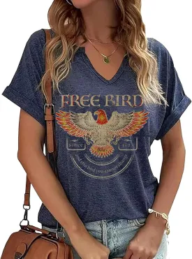Women's Vintage Rock Band T-Shirt/Free Bird Eagle Graphic Tees/Country Concert Music Short Sleeve Shirts Tops