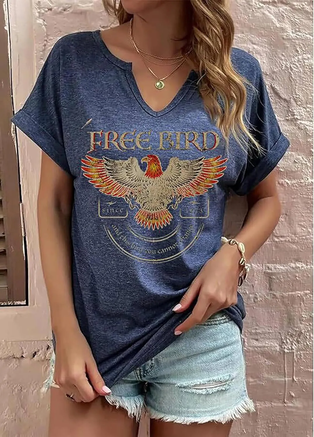 Women's Vintage Rock Band T-Shirt/Free Bird Eagle Graphic Tees/Country Concert Music Short Sleeve Shirts Tops