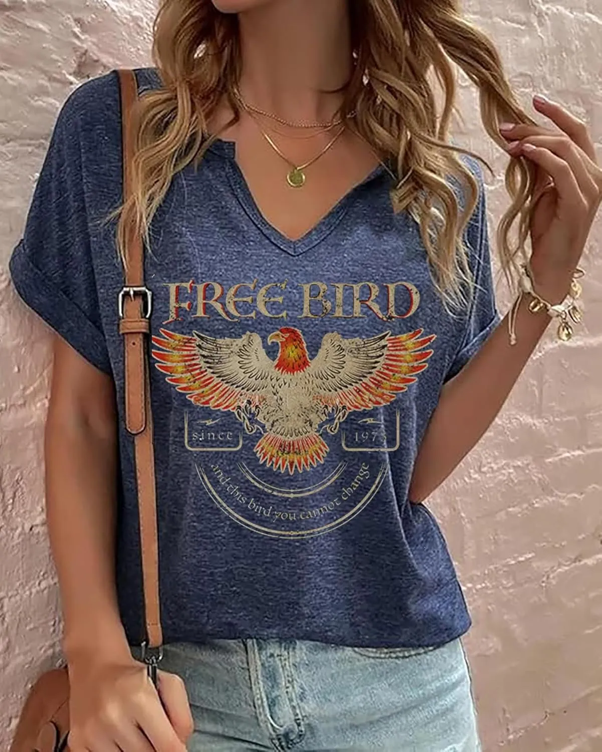 Women's Vintage Rock Band T-Shirt/Free Bird Eagle Graphic Tees/Country Concert Music Short Sleeve Shirts Tops