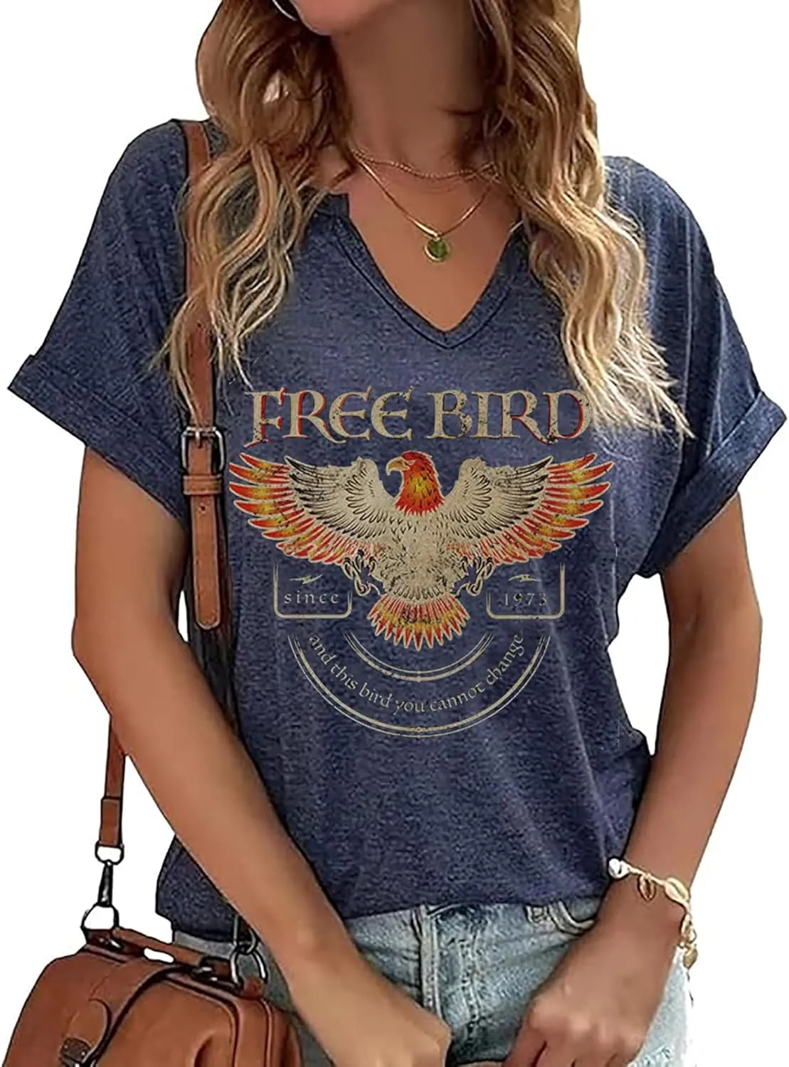Women's Vintage Rock Band T-Shirt/Free Bird Eagle Graphic Tees/Country Concert Music Short Sleeve Shirts Tops