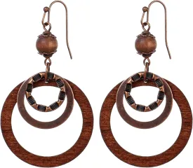 Yuanchnu Handmade Wooden Dangle Boho Earrings for Women, Circle Openwork Brown Drop Tribal Multi-Layer Hoop Earring Wood Hollow Geometric Lightweight Earrings Bohemian Vintage Jewelry Gifts
