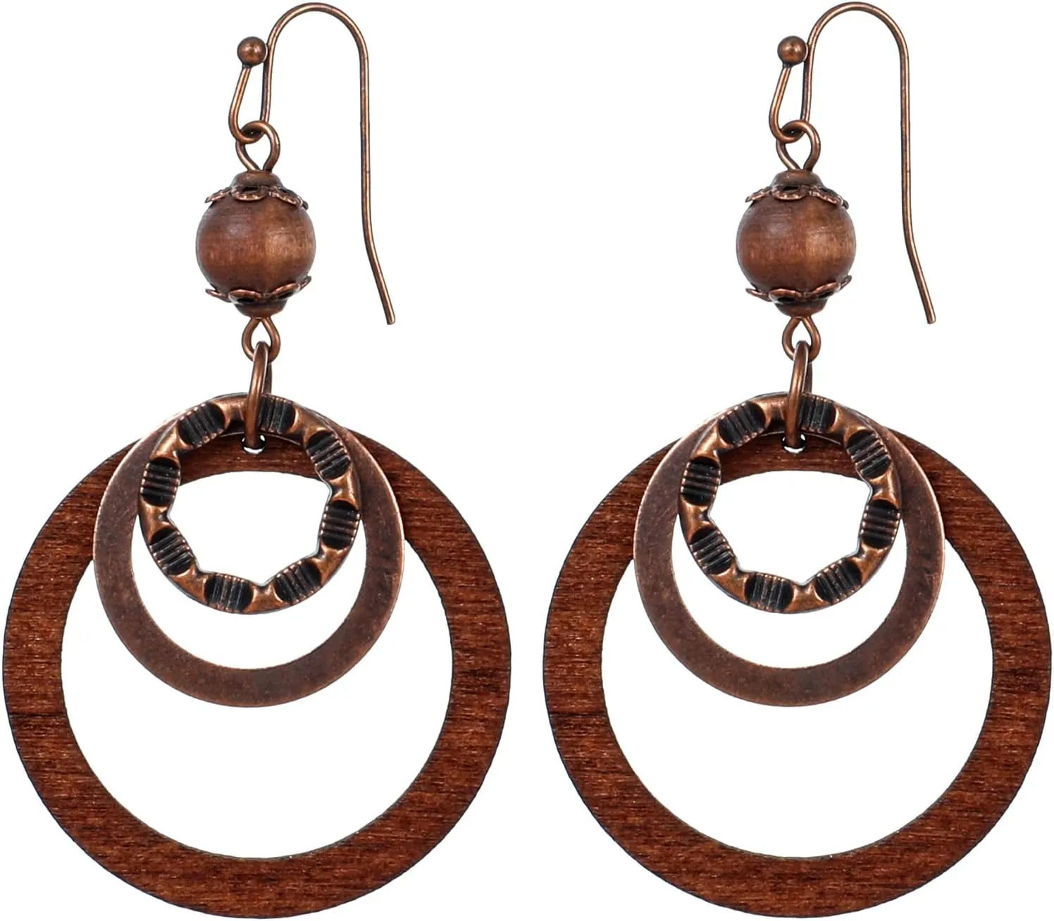 Yuanchnu Handmade Wooden Dangle Boho Earrings for Women, Circle Openwork Brown Drop Tribal Multi-Layer Hoop Earring Wood Hollow Geometric Lightweight Earrings Bohemian Vintage Jewelry Gifts