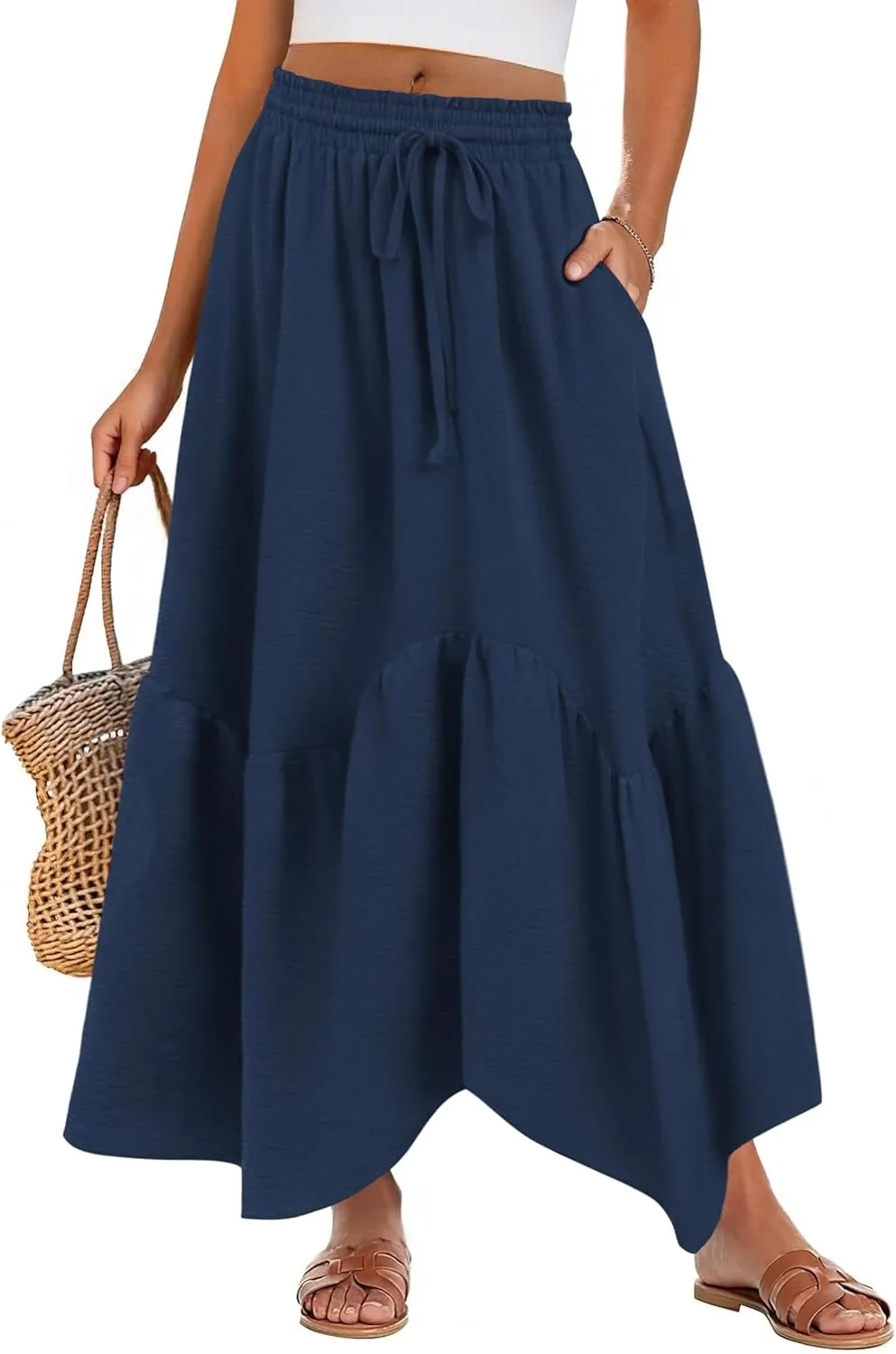 Zeagoo Long Skirts for Women High Waist A Line Skirt Casual Flowy Tiered Skirt with Pockets Summer Floral Boho Skirt