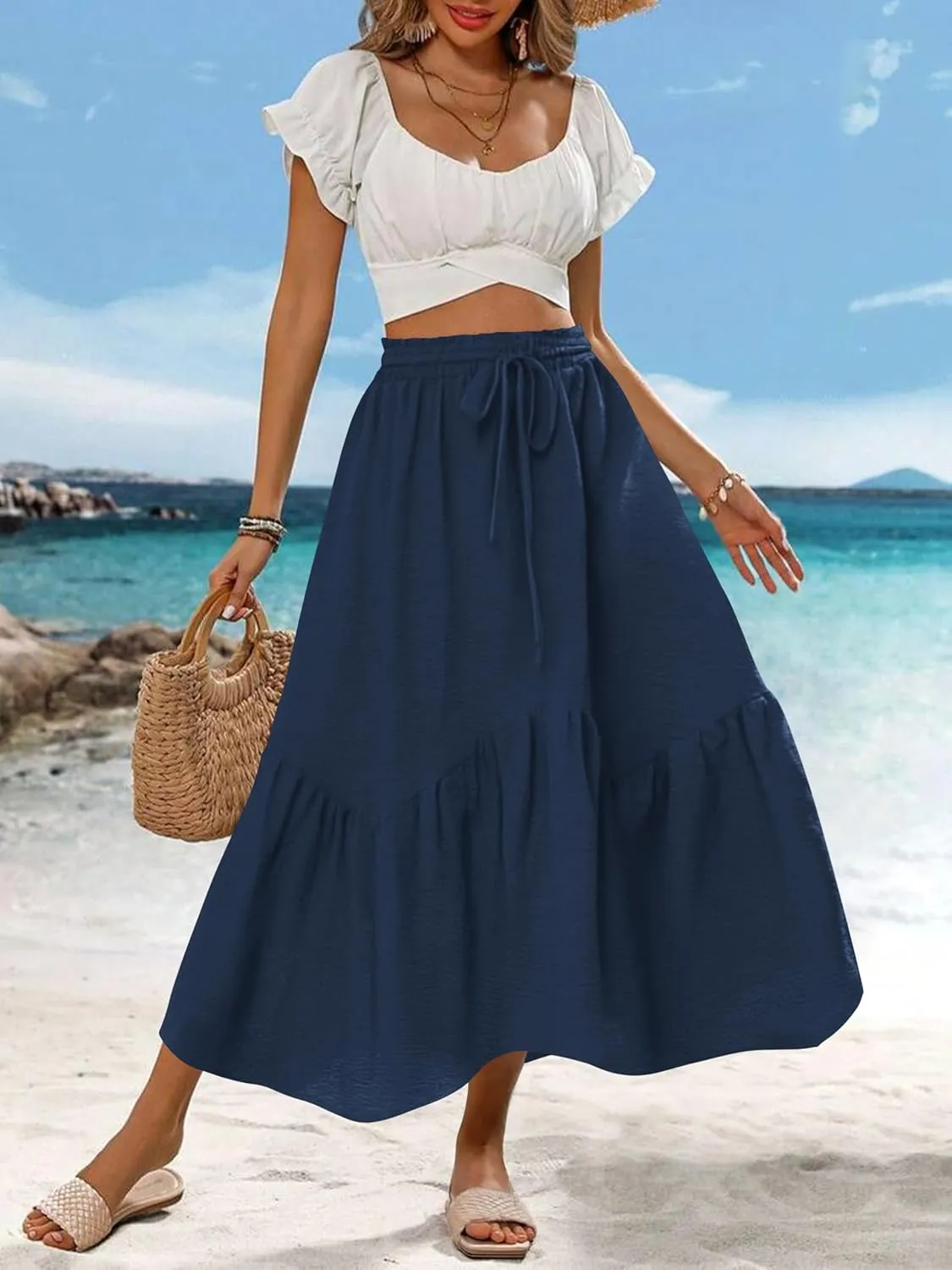 Zeagoo Long Skirts for Women High Waist A Line Skirt Casual Flowy Tiered Skirt with Pockets Summer Floral Boho Skirt